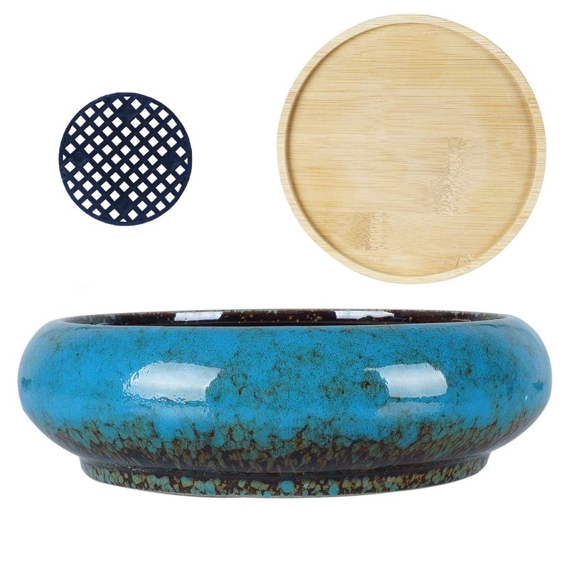 ARTKETTY Succulent Pots - 7.3 Inch Large Succulent Planters with Drainage Ceramic Bonsai Pots with Bamboo Tray, Shallow Planters for Indoor Cactus Plants Decorative Flower Plant Container - Image 2